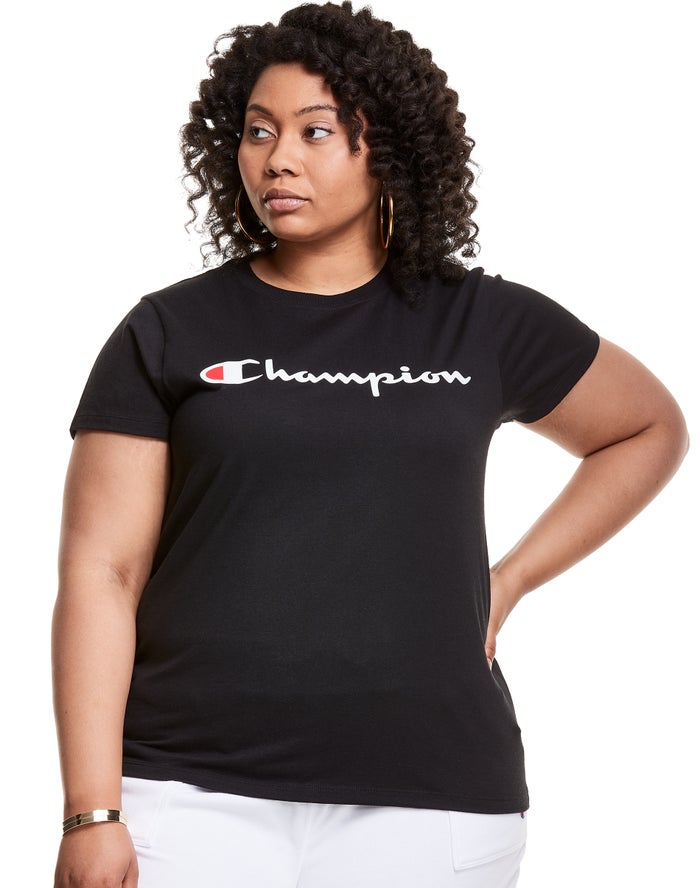 Champion T-Shirt Dames - Zwart - Plus Classic Script Logo ( 489037-FOE )